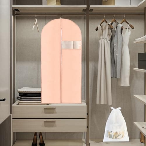 Tenbrachian 2 Garment Bags & 2 Shoe Bags, 23 x 47 in Suit Bag, Dust-Proof Clothes Covers Protector Bagss, Moth Proof Dress Bag with Zip, for Coat Jacket(Pink + White) — view 4