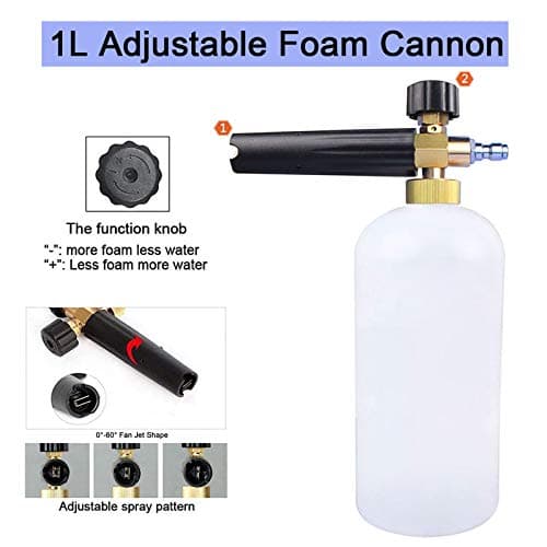 Pressure Washer Foam Cannon, 1L Adjustable 1/4" Quick Release Snow Foam Lance Gun Soap Dispenser Bottle with 5Pcs Pressure Washer Spray Nozzle Tips for Car Washing, Yard Cleaning — view 2