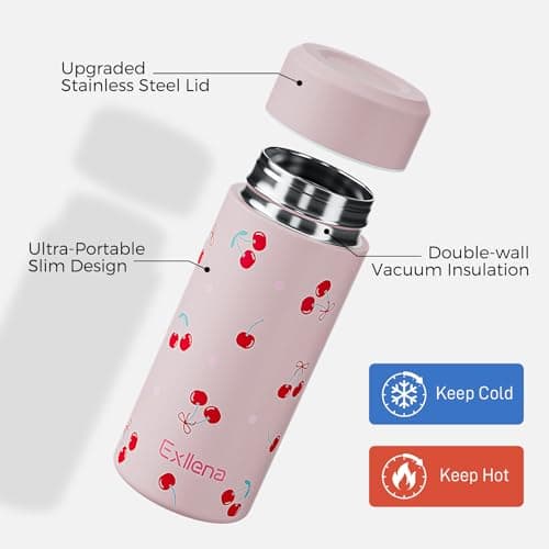 【Upgraded】 Exllena Small Water Bottle for Handbag – 250ml Mini Flask for Hot & Cold Drinks, Perfect Small Insulated Water Bottle for Travel, Milk, Coffee...(Cherry) — view 3