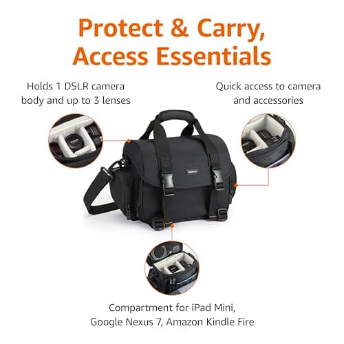 Amazon Basics Shoulder Bag for SLR Camera and Accessories, Large, Adjustable Strap, Waterproof, Shockproof, Solid, Padded - Black/Grey — view 2