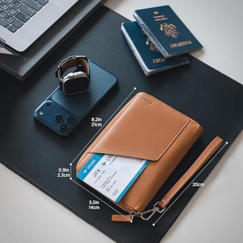 VULKIT Leather Passport Holder Family Travel Document Organizer with RFID Blocking Travel Wallet Slim Dual Slots SIM Card and Multiple Card Holders for Men and Women (Brown) — view 2