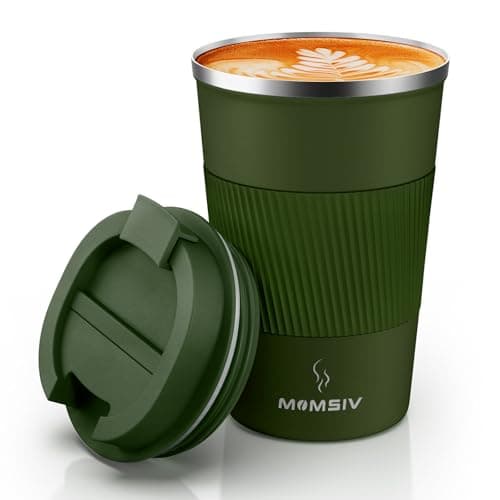 MOMSIV Coffee Cup, Insulated Coffee Cup with Leakproof Lid, Non-Slip Vacuum Reusable Stainless Steel Eco-Friendly Travel Office Mug for Hot and Cold Water Coffee and Tea, 380ml/13oz(ArmyGreen)