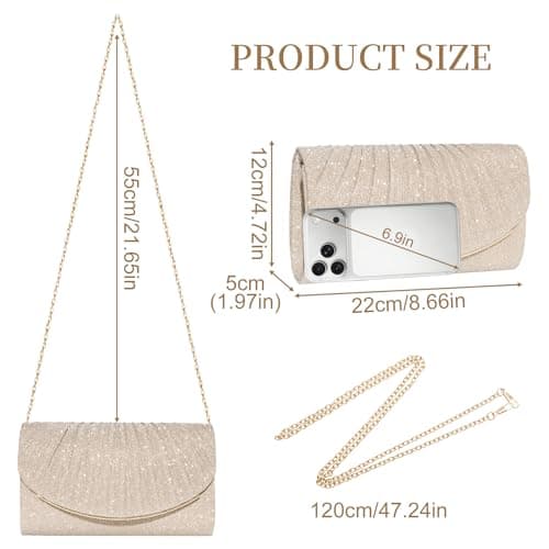 Toptime Champagne Gold Clutch Bags for Women, Envelope Pleated Women's Clutches Evening Bag, Sequins Prom Bag with Detachable Chain, Elegant Cross Body Small Handbag for Wedding Bridal Dinner Party — view 4