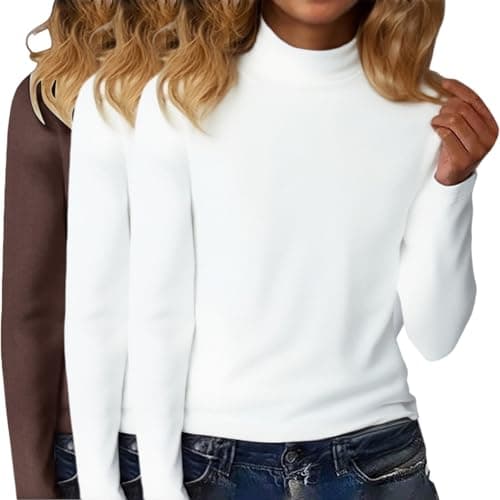 YCBMINGCAN Pack of 3 Women's Thermal Shirt Long Sleeve & Turtleneck Shirt Lightly Lined Soft Basic Top with Stand-Up Collar Thin Fleece Undershirt Winter Tops for Women, #3 Coffee, M — view 3