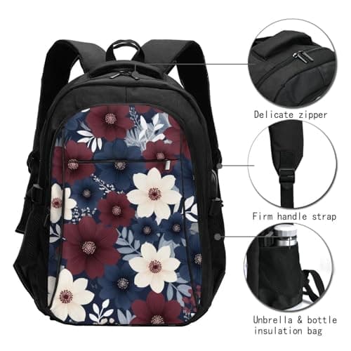 ZHANLEI maroon and navy flowers Printed Backpack,Travel Laptop Backpack for Men Women with USB Charger Port, Maroon and Navy Flowers, One Size — view 3