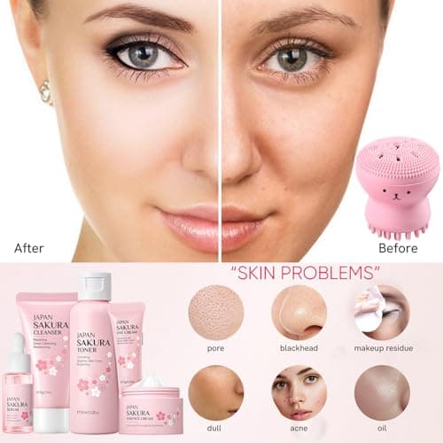 Japan Sakura kin Care Sets & Kits 8PCS-Facial Kit with Cleanser, Toner, Serum,Eye Cream,Face Moisturizer,Face Brush&Hair Clips - Hydrating Travel Beauty Gift Set for Women Teen Girls Mom (Sakura-8PCS) — view 4