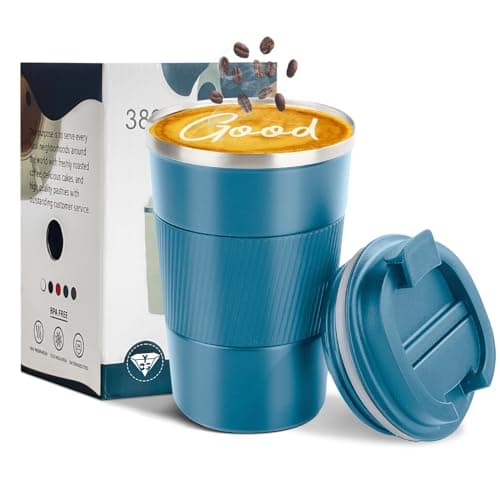 YINBAOGE Insulated Travel Coffee Mug, Spill & Leak Proof, Portable to Go Camping Stainless Steel Coffee Tumbler, Reusable Thermal Coffee Cup with Lid for Hot & Cold Drinks (Blue, 12 OZ)