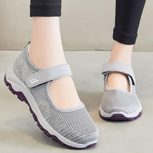 Women’s Mary Jane Shoes Lightweight Walking Sneaker Mesh Breathable Slip On Knit Flats Casual Soft Shoes Adjustable Ankle Strap Loafers Grey — view 2