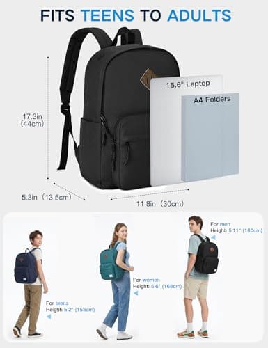 Kasgo 17.8L Lightweight School Backpack for Teens & Adults, Black — view 2