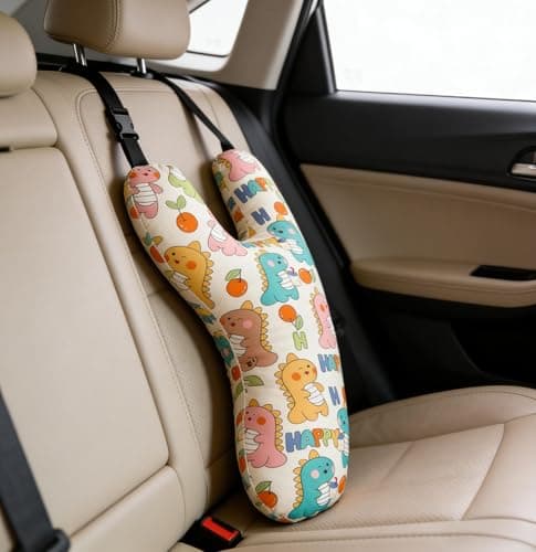 Kids Car Sleeping Head Support Adjustable Y-Shaped Car Travel Pillow Soft Relief Sleep Headrest Car Seat Belt Cushion Neck Pillow Children Neck Head Pad Protector Beige Dinosaur — view 3