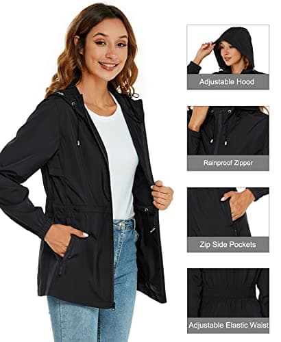 Rapbin Raincoat Women Waterproof Jacket Quick Dry Lightweight Rain Coats Outdoor Rain Trench Coat Packable Hooded Raincoats Black L — view 2