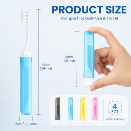 4Pcs Travel Toothbrush, Foldable Soft Bristle Toothbrushes with Travel Case, Portable Mini Toothbrush Set for Adults Kids, Camping Hiking Hotel Home Oral Care (Blue, Pink, Black, Yellow) — view 3