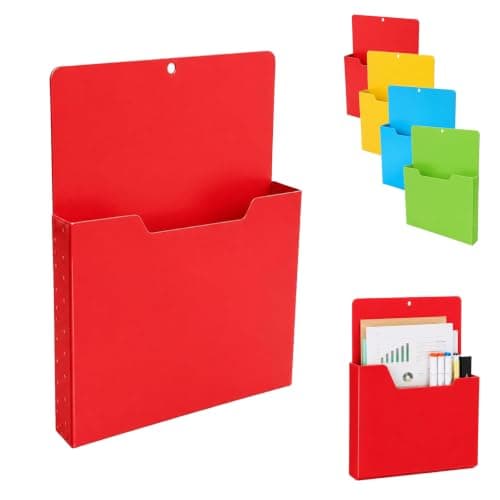 A4 Color-Coded Magnetic File Pocket Set Refrigerator Accordion Files, Hanging Folders Utility Mail Holder for Whiteboard Fridge Magnet Paper Organizer,Red