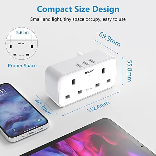 Plug Adapter with 3 USB, Mscien Double Plug Adaptor, Multi Plug Extension, Dual 2 Pin Socket at The Bottom, 13A UK Surge Protected Multiplug Extender, Wall Charger Power Socket for Home Kitchen Office — view 6
