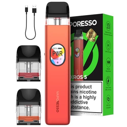 Vaporesso XROS 5 Vape Pod Kit [Coral Red] – 1500mAh Battery, Fast Charge in 15 Min (3A), Anti-Leak Tech, 0.88” Display – 2 COREX 3.0 Pods (0.6Ω + 0.8Ω) – Refillable – 10 Colours – No Nicotine