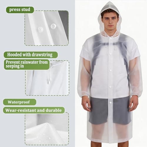 Yixker 2 Pack of Rain Poncho Raincoats for Women & Men,EVA Portable Reusable Waterproof Ponchos with Drawstring Hood and Elastic Cuff for Festival,Camping,Hiking Travel,Amusement Parks (White) — view 4
