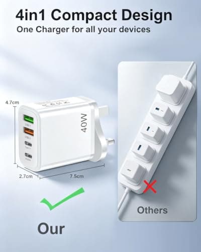 UK Travel Adapter,UK Plug, with 2 USB-C and 2 USB-A Fast Charge Ports,USB-C Fast Charging,40W 4-Port Fast Charger UK Plug,Compatible with iPhone, Samsung — view 5