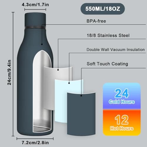 flintronic 550ml Water Bottles with Strap,Double Wall Vacuum Insulated Water Bottles Keeps Drinks Cold 24 Hrs/Hot 12 Hrs|Leak Proof|BPA Free,Stainless Steel Water Bottles for Gym,Hiking-Dark Blue — view 2