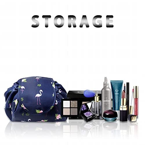 Vavabox Lazy Drawstring Makeup Bag, Flat Lay Cosmetic Bags (Navy Flamingo) — view 2