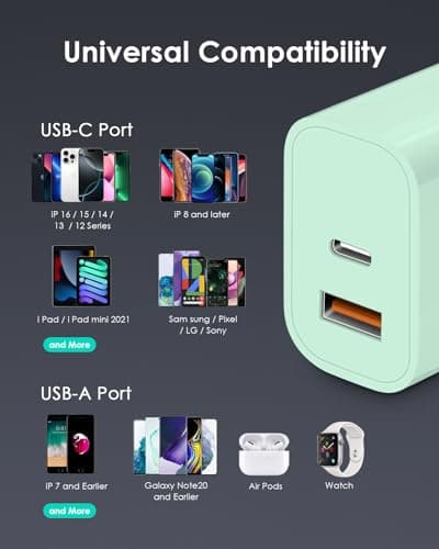 Adpater USB C Charger, 4-Pack Fast Charging Block Multiport, PD 20W USB-C and QC 3.0 USB Port for IP 16/15/14/13/12/11/X/8, i Pad, Sam Sung, Google, Galaxy and Plus - Green — view 6