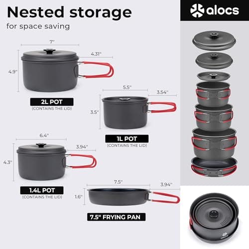 Alocs Camping Cookware, Aluminum Camping Cooking Set, Portable Pots and Pans Set, Camp Kitchen, Mess Kit for Backpacking, Outdoor Cooking and Picnic, Grey, 2.2L x 1.2L x 1L x 7.5" — view 2