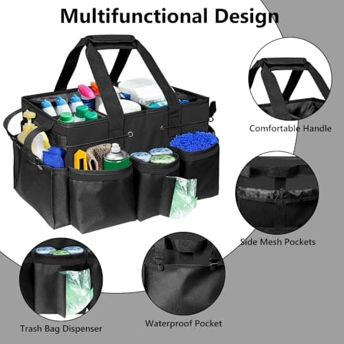 Jonuin Cleaning Caddy with Handle, Professional Cleaning Bag with Detachable Divide, Adjustable Shoulder Strap & Waist Belt, Large Cleaning Caddy for Cleaning Supplies, Home, Car, Garden, Craf (Black) — view 4