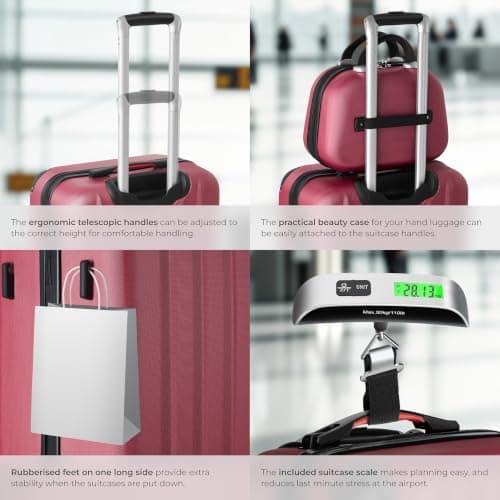 tectake® Hard-Shell Suitcase Set, Incl. 3 Suitcases, Beauty Case & Travel Bag, Travel Luggage Set with 360° Wheels, TSA Locks & Luggage Scale, Lightweight Suitcase Set with ABS Shells - Burgundy — view 4
