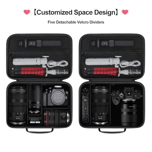 Elonbo Carrying Case for Canon EOS 2000D/4000D/R50/R6 Mark II/R100/R8/R10/ Sony Alpha 7 III /7 IV/a6400/ZV-E10/Panasonic Lumix FZ82D Camera, Hard Travel Bag for Lens and Tripod, Black+Shoulder Strap — view 3