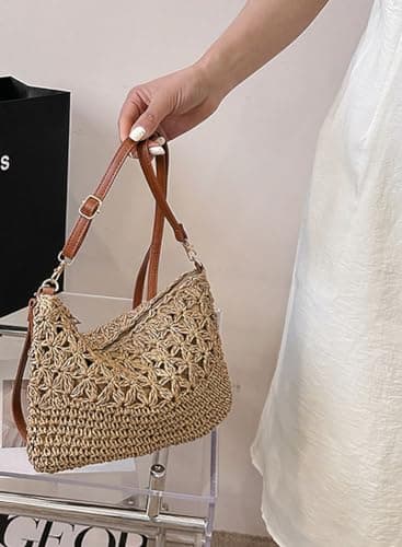 straw beach bags for women, rattan handbag, summer straw woven handbag, raffia handbag, square shoulder bag, khaki, Small to Medium — view 3
