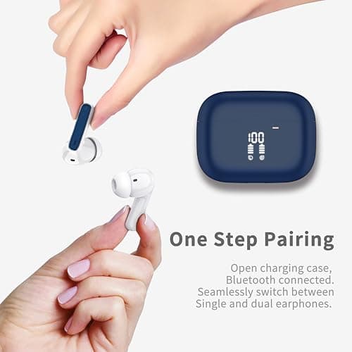 Wireless Earbuds, 2026 Bluetooth 5.4 Headphones in Ear 6D Bass Stereo, 40H Earphones with 4 ENC Noise Cancelling Mic, IP7 Waterproof LED, AI-Enhanced Calls Bluetooth Earbuds for Android iOS, Navy — view 5