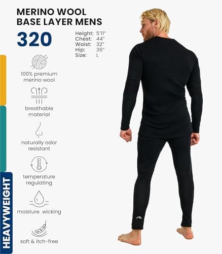 100% Merino Wool Base Layer Men Set - Thermal Underwear Mens + Hiking Socks (Medium, 320 Black) — view 2