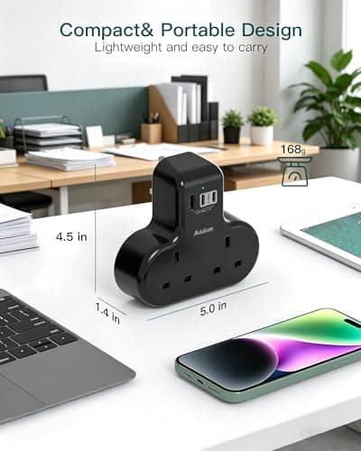 Addtam 2 Way Multi Plug Adaptor, Double Plug Extension with 3 USB Ports — view 4