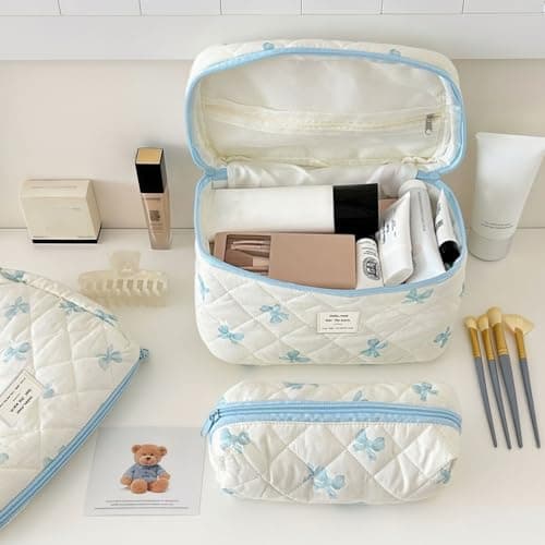 Aucuu 3PCS Coquette Makeup Bag, Quilted Makeup Bag for Women, Floral Cotton Cosmetic Bag Set, Large Capacity Aesthetic Floral Toiletry Bag, Travel Toiletry Bag, Wash Organizer Pouch for Women Girls — view 3