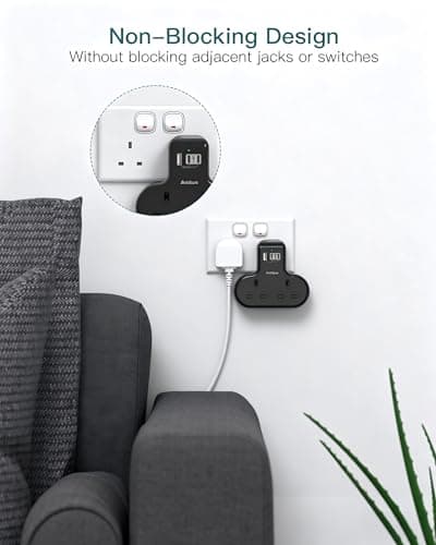Addtam 2 Way Multi Plug Adaptor, Double Plug Extension with 3 USB Ports — view 5