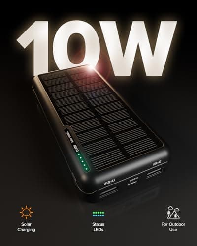 SBS Solar PowerBank, 10000mAh, Power Bank with Solar Panel, Fast Charging, Intelligent Charge (IC), Charging LED, 1 USB-C, 2 USB-A, Portable Travel Charger, Compact Design, Black — view 3