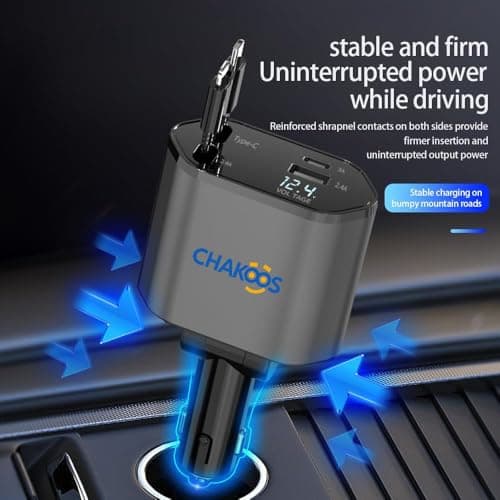 Chakoos Retractable Car Charger 120W, 4 in 1 Fast Car Phone Charger with Dual Retractable Cables (Lightning & USB-C), 12V/24V Multi Port Car Adapter with Voltage Display for iPhone, Android — view 3
