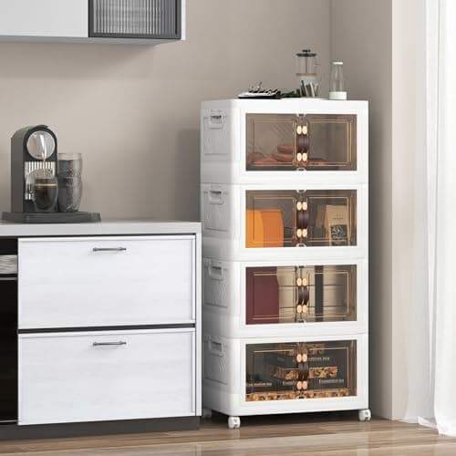 Multigot Folding Shoe Storage Box, 3/4/5 Tier Stackable Shoe Organizer Containers with Lid & Doors and Lockable Wheels, Collapsible Plastic Storage Bins Cabinet (59 x 37 x 137cm, 4-Tier) — view 2
