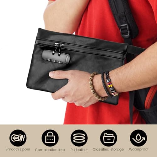 VAVPUP Waterproof & Cut-Resistant PU Money Bag with Lockable Zipper & Handle for Cash, Keys, Jewelry and Other Valuables (black) — view 4