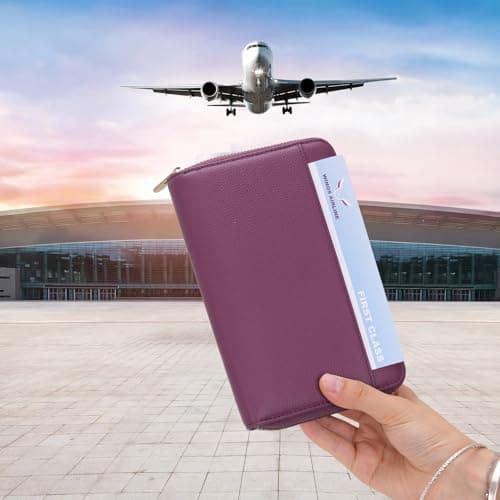 WASON Leather Zipper Travel Passport Wallet Holder RFID Blocking Cover, Passport case Pocket Slot for Card, Cash, ID, Boarding Pass and Ticket for Men, Women and Family Trips (Purple) — view 2