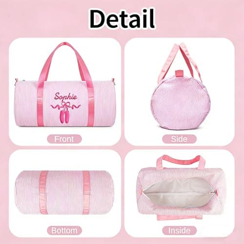 Personalised Toddler Dance Duffle Bag with Embroidered Name Custom Travel Bag Customized Ballet Weekend Gym Camping Overnight Bag (Pink) — view 3