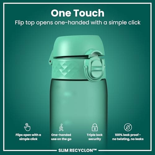 Ion8 Water Bottle, 500 ml/18 oz, Leak Proof, Easy to Open, Secure Lock, Dishwasher Safe, BPA Free, Hygienic Flip Cover, Carry Handle, Fits Cup Holders, Easy Clean, Carbon Neutral, Teal Green — view 3