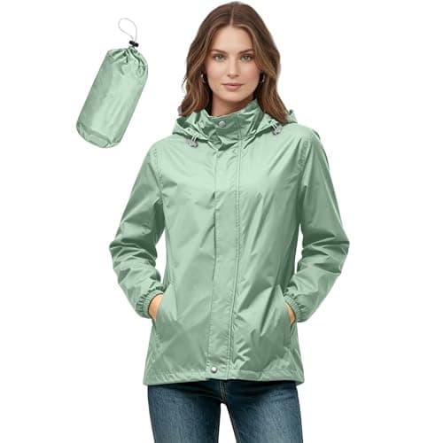 Meeyuioe lightweight waterproof jacket ladies Womens Waterproof Jacket Lightweight Packable Rain Jackets Hooded Casual Outdoor Windbreaker Hiking Walking Travel Raincoat Green L