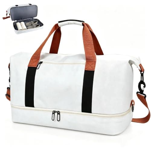 Travel Duffel Bag, Foldable Waterproof Overnight Holdall Bag, Carry On Luggage Weekend Bag with Wet and Dry Separation, Hospital Sports Gym Tote for Women and Men (White)