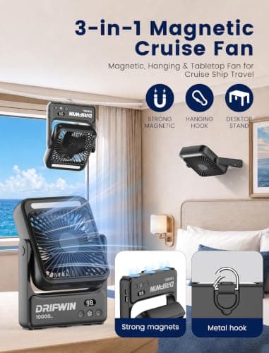 Magnetic Cruise Approved Fan with Night Light, 10000mAh Ultra-Slim Travel Fan, 4-Speed, Hook Design, Portable Fan for Cruise Ship Cabin, Bedroom Sleeping, Camping, Travel & Cruise Essentials 2026 — view 2