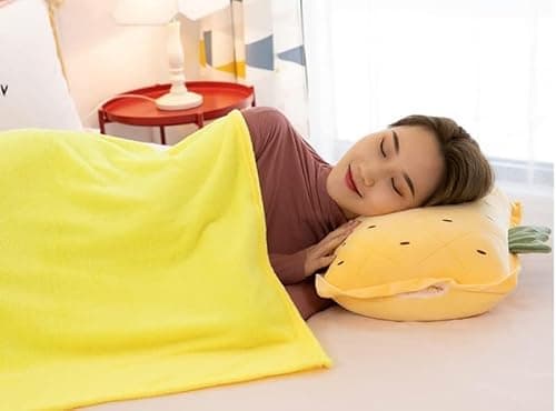 Rikyo 15" Stuffed Fruit Travel Blanket and Pillow Set, 3 in 1 Plush Hugging with Warming Hands Blanket for Kids Gift Travel Airplane Train Bed Office Nap (Cactus - Green) — view 6