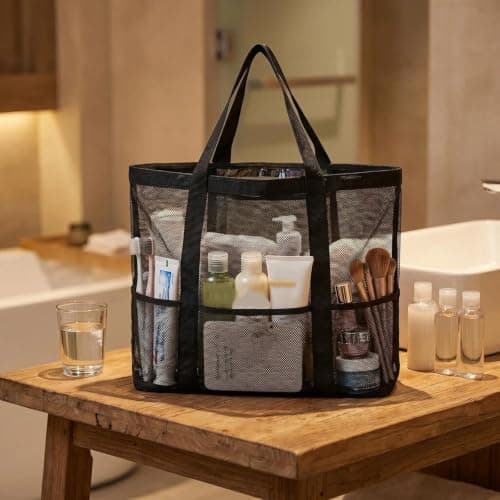 SINJAETRQ Mesh Beach Storage Bag with Multiple Pockets, Black Mesh Tote for Swimming Beach Travel, Large Capacity Sandproof Organizer 55×40cm with Reinforced Handles — view 6