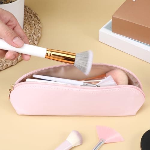 Leather Makeup Brush Bag with Zipper, Portable Travel Cosmetic Organizer Case, Compact Toiletry Pouch for Daily Work Essentials — view 5