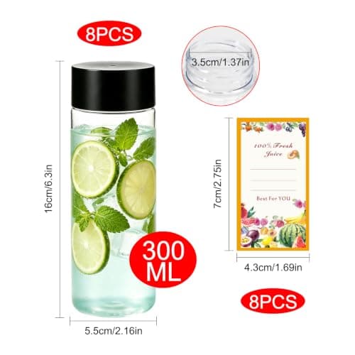 8 Pack 300ml Juice Bottles, Plastic Bottles with Lids, Leakproof Smoothie Bottles Empty Beverage Containers for Juice Milk Water Cold Brew Coffee Protein Shakes, Fridge Storage, Home, School, Office — view 2
