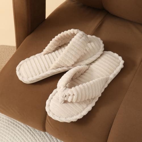 Women’s Ribbed Towelling Thong Slippers, Comfort Memory Foam Non-Slip Soft Open Toe Summer Indoor Slides, Breathable Bedroom Slip On Sandals for Ladies, Lightweight Travel Hospital (Beige, 6) — view 4