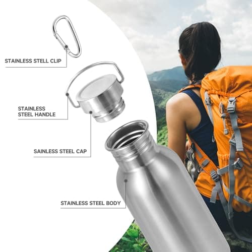 Volhoply 500ml Uninsulated Single Walled Water Bottles 2 Pack, Stainless Steel Sports Water Bottle with Handle & Carabiner, BPA Free Reusable Water Flask for Camping Hiking Biking (Silver,2) — view 6